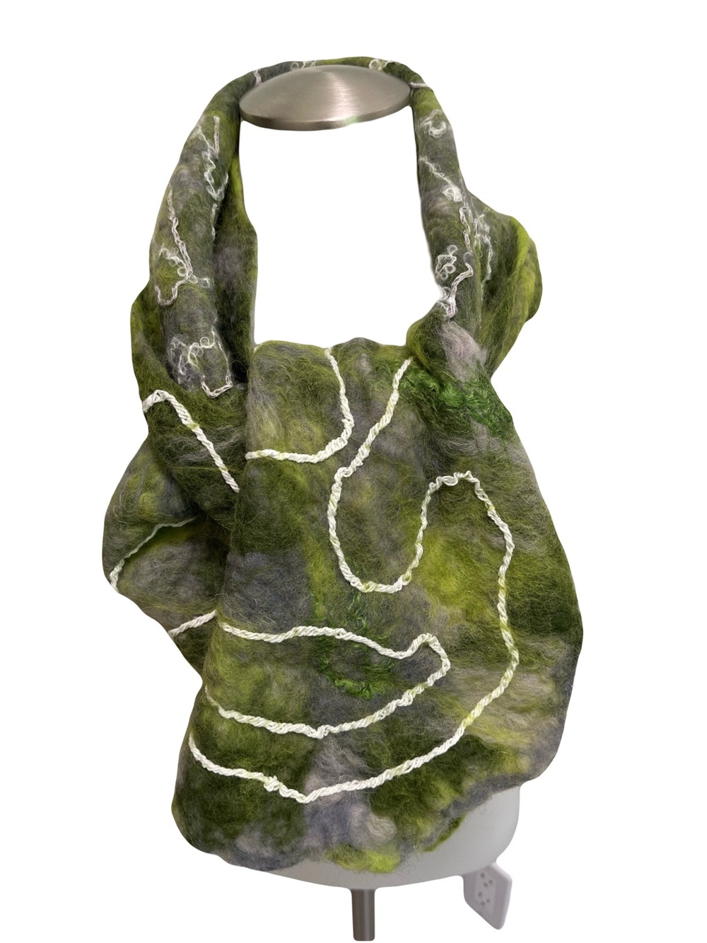 Olive Green and Gray Felted Merino Wool Scarf with White Embellished Yarns